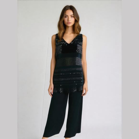 Linda Allard Ellen Tracy 2 Pc Set Navy Blue Silk Beaded Top & Sheer Pants 6